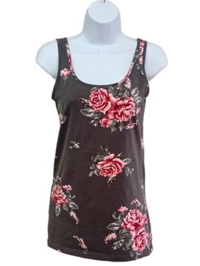 Floral Scoop Neck Tank Top - Charcoal with Pink Rose Print